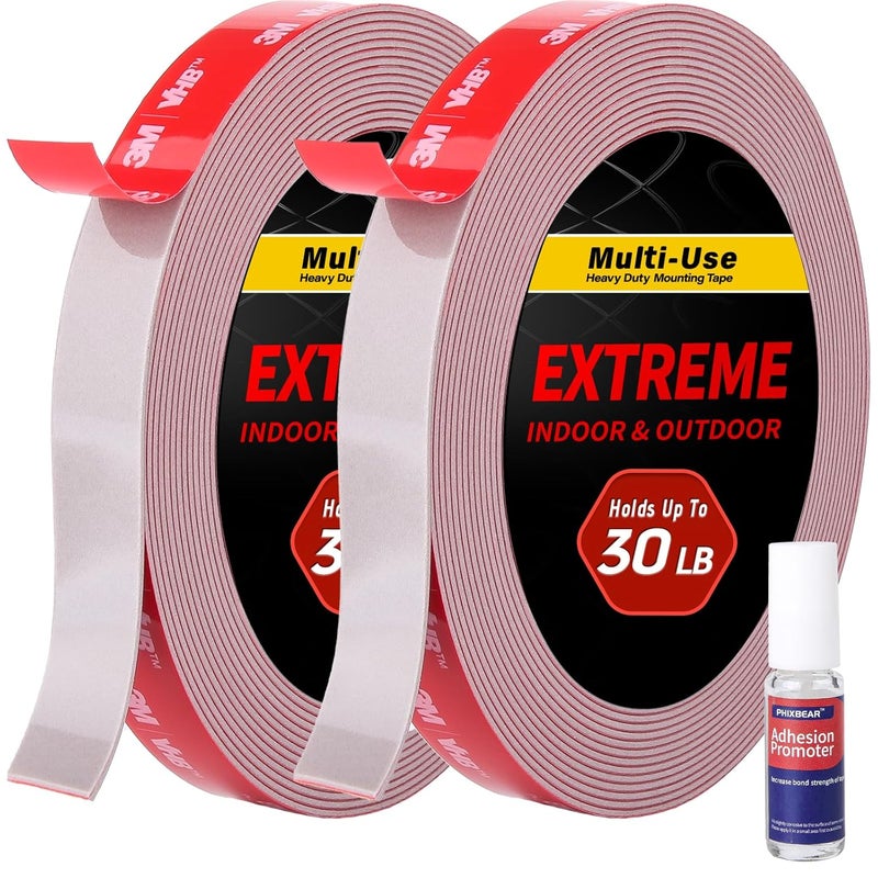 PHIXBEAR Super Strong Adhesion, Heavy Duty Double Sided Tape, Waterproof for Indoor & Outdoor Use, Multipurpose Automotive Wall Mounting Foam Adhesive (0.6in×30ft), 2 Rolls - Image 1